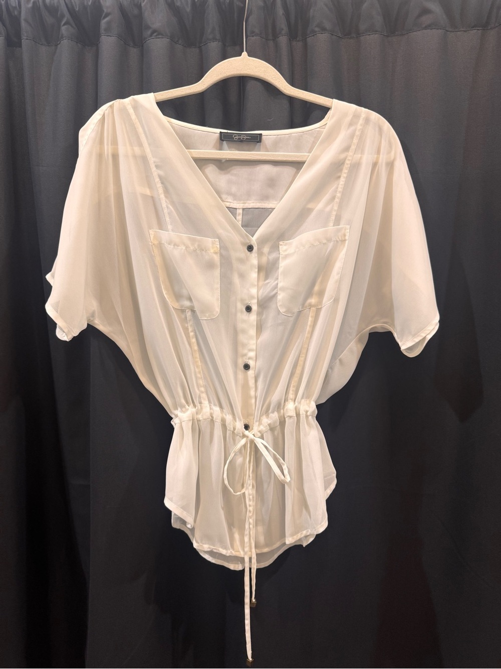 Jessica Simpson Sheer Cream Button-Up Drawstring Blouse